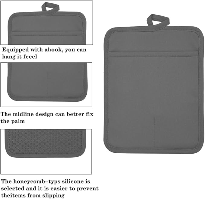 Oven Pot Holder with Pocket Cotton Heat Resistant Coaster Potholder Kitchen Hot Pad Oven Mitts for Cooking and Baking Square 7"x9" (Grey, Silicone)