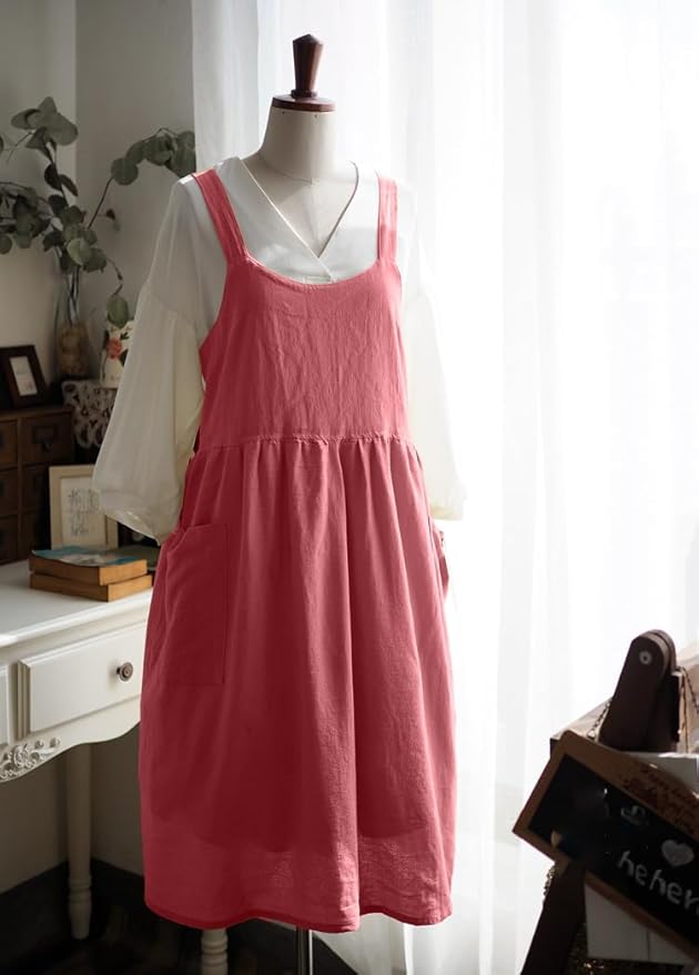 Uaussi Cotton Linen Apron Cross Back Work Apron for Women with Pockets Pinafore Dress X Cross Halter Apron for Chef Gardening