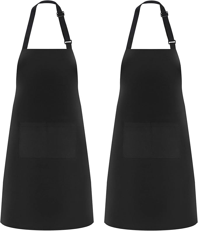 NLUS 2 Pack Kitchen Cooking Aprons, Adjustable Bib Soft Chef Apron with 2 Pockets for Men Women (Black,2)