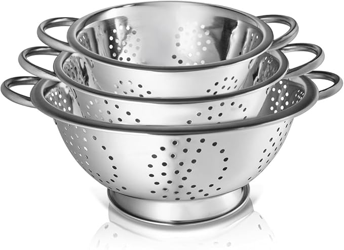 Whysko 3 Pack Stainless Steel Colanders with Handles - 5 Qt, 3 Qt, 1 Qt - Durable Colander for Kitchen Strainers and Colanders Set - Ideal Metal Colander for Pasta, Vegetables, Food Prep