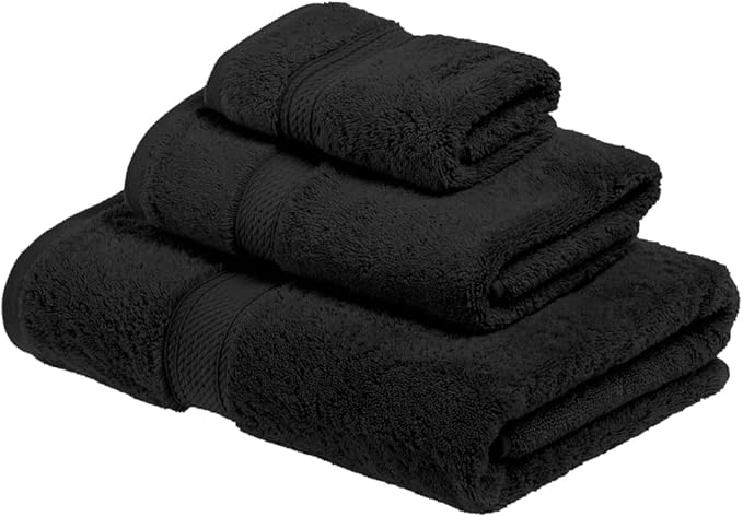 Superior Egyptian Cotton Pile 3 Piece Towel Set, Includes 1 Bath, 1 Hand, 1 Face Towel/ Washcloth, Ultra Soft Luxury Towels, Thick Plush Essentials, Guest Bath, Spa, Hotel Bathroom, Black