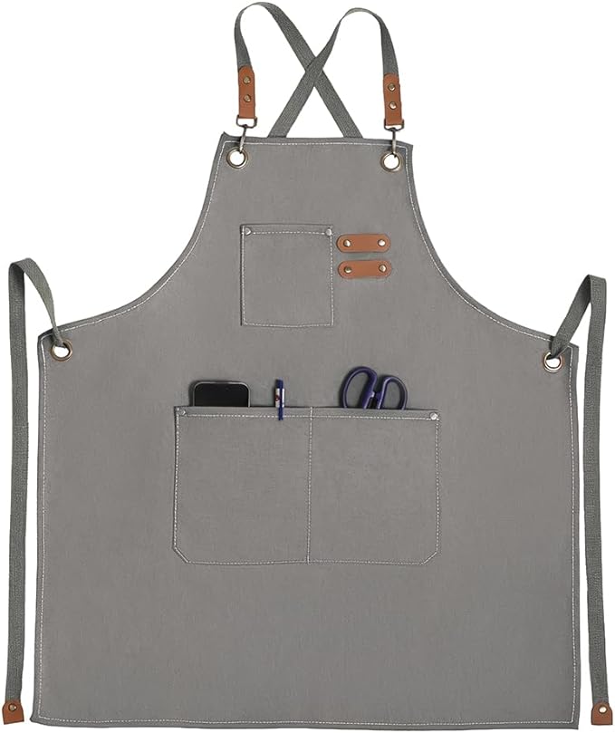 Chef Apron for Women Men with Pockets, Cotton Canvas Cross Back Adjustable Gardening Apron