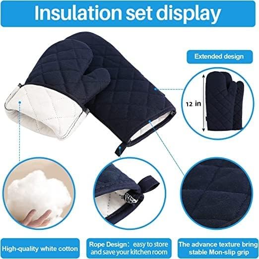 Oven Mitts and Pot Holders 4 pcs Set,High Heat Resistant 500 Degree Extra Thicken Long Kitchen Cotton Oven Glove for Cooking (12 Inch,Deep Blue)
