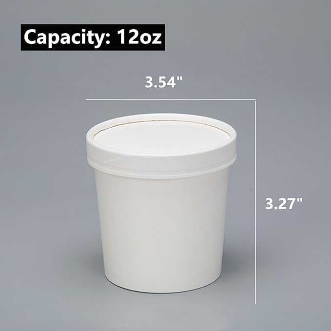 60 Pack 12 oz White Paper Ice Cream Cups with Lids, To Go Soup Containers Dessert Bowl, Microwave and Freezer Safe Food Storage Bowls for Parties, Christmas, Takeout, Picnics