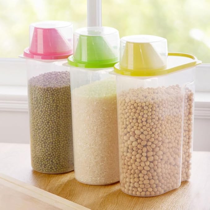 SHOWERORO Airtight Food Storage Container with Pour Spout and Measuring Cup Clear Plastic Cereal Keeper for Rice Grains Oatmeal Sugar Nuts Beans 8.26X6.29X3.14 Inches