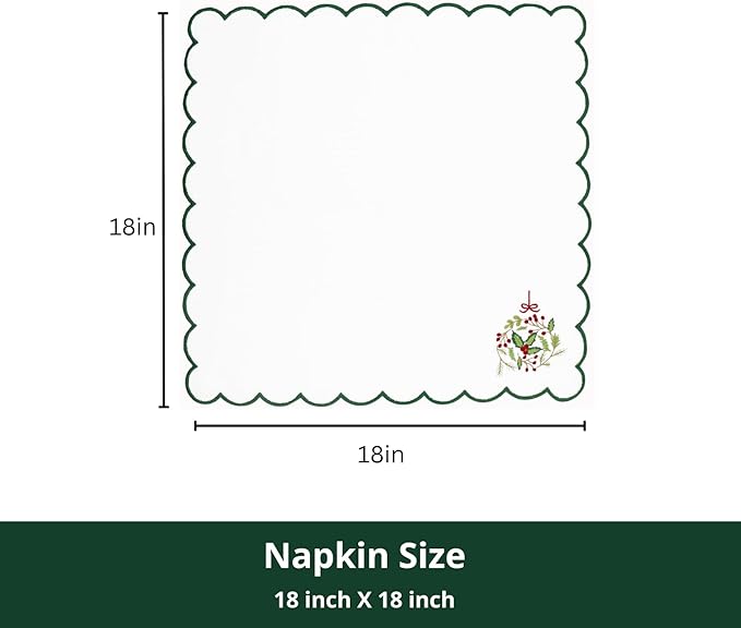 PurpleEssences Scalloped Embroidery Cloth Napkins - Spring Easter Summer - Table Decor - 100% Cotton - Set of 4-18x18 inch - White - Edges - Forest Green - Christmas Wreath