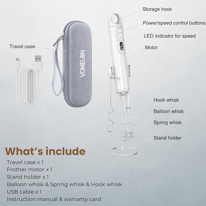 Rechargeable Milk Frother Handheld 3 Speed Coffee Foamer [3 Whisk] Electric Drink Mixer for Latte, Cappuccino, Coffee, Eggs, Hot Chocolate, White