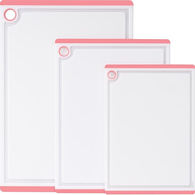 Kikcoin Plastic Cutting Boards for Kitchen, 3-Piece Large Cutting Board Set Dishwasher Safe Chopping Boards with Non-slip Feet and Juice Grooves, Pink