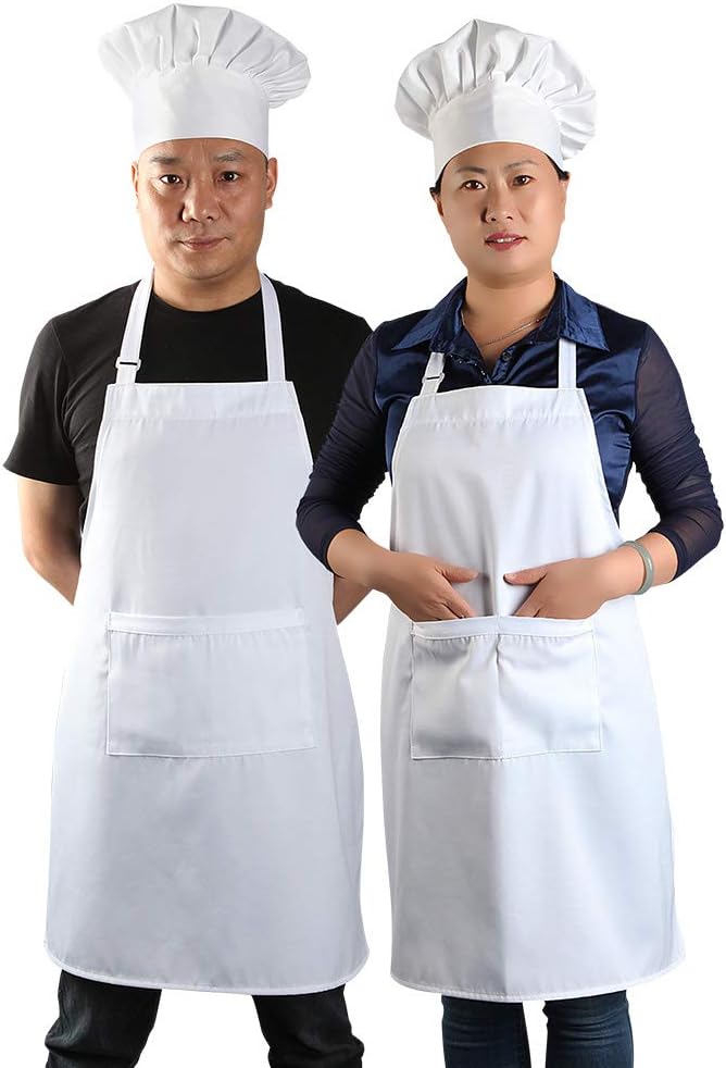 yotache Chef Apron Set, Chef Hat and Kitchen Apron Adult Adjustable White Apron Baker for Men and Women, 2 Sets (33" L x 26" W)