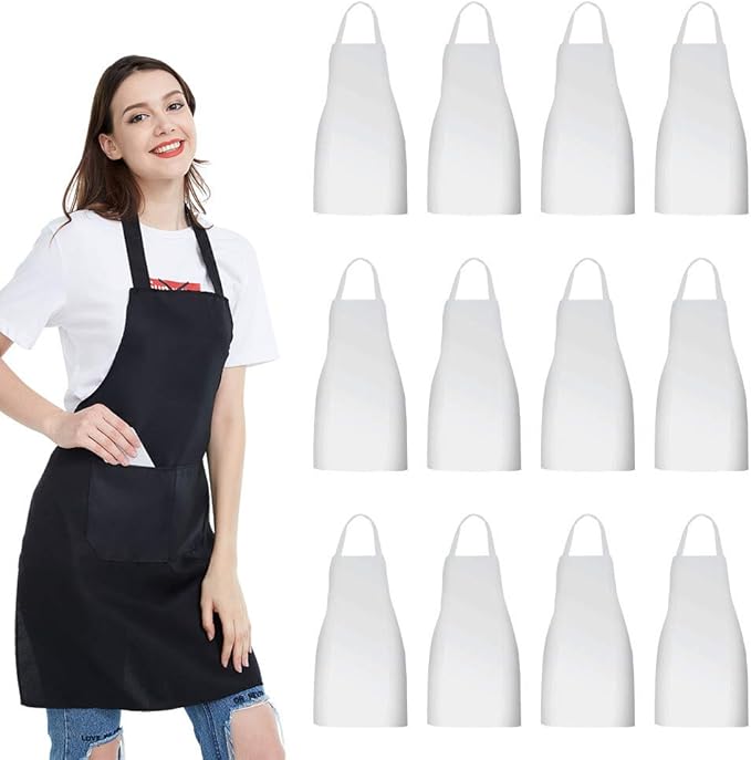 NOBONDO 12 Pack Bib Apron - Unisex Black Apron Bulk with 2 Roomy Pockets Machine Washable for Kitchen Crafting BBQ Drawing