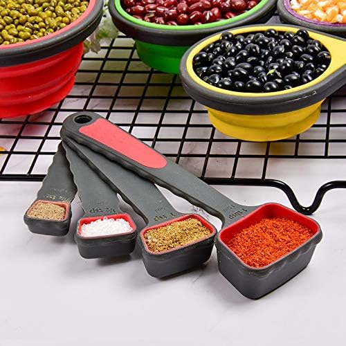Collapsible Silicone Soft Measuring Cups and Measuring Spoons,8 pieces Portable Food Grade Silicone Cup for Liquid & Dry Measuring Baking &Utensils & Travel Measuring Cup，space saver (Pink)