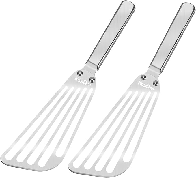 KSENDALO Stainless Steel Fish Spatula Set of 2- Metal Thin Slotted Turner for Kitchen Cooking, Flexible Egg Flipper with Blade with Riveted Handle for Cooking, Hollow Grip Design