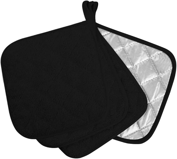 meioro 4-Pack Pot Holders for Kitchen High Heat Resistant Potholder, 100% Cotton Hot Pads, Quilted Terry Hot Pot Holder Set for Kitchens, Washable Trivet for Cooking and Baking 7x7 Inches (Black)