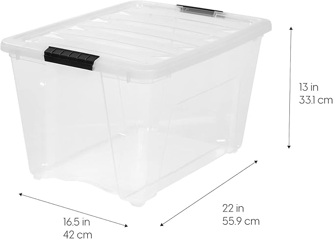 IRIS USA 54 Qt Stackable Plastic Storage Bins with Lids, 12 Pack - BPA-Free, Made in USA - See-Through Organizing Solution, Latches, Durable Nestable Containers, Secure Pull Handle - Clear