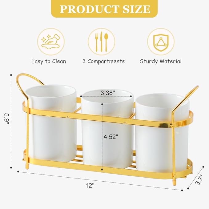 3-Piece White Ceramic Silverware Holder for Party Countertop, Utensil Holder with Golden Metal Rack Flatware Caddy Cutlery Storage Organizer for Kitchen Table (White+Gold A)