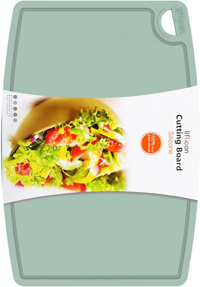 Liflicon Thick Silicone Cutting Board 12.6'' x 9.1'' Foldable & Flexible Design Juice Grooves Easy Grip Handle Dishwasher Safe-Light Green