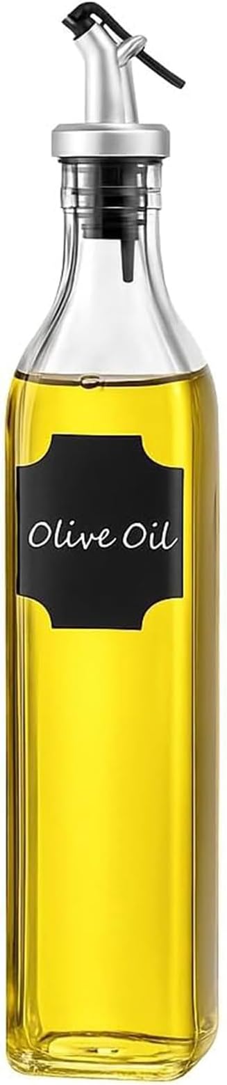 WERTIOO Olive Oil Dispenser Bottle, 17 OZ Glass Oil Dispenser for Kitchen with 1 Pourer,1 Stainless Steel Funnel & 1 Pen and 8 Label for Kitchen (500ml)