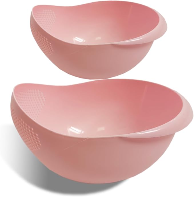 2-in-1 Rice Colander, Vegetable and Fruit Cleaning Filter Basket, 2Piece Sturdy and Easy-To-Use Food Grade Kitchen Tool Accessories (Pink, large+small)