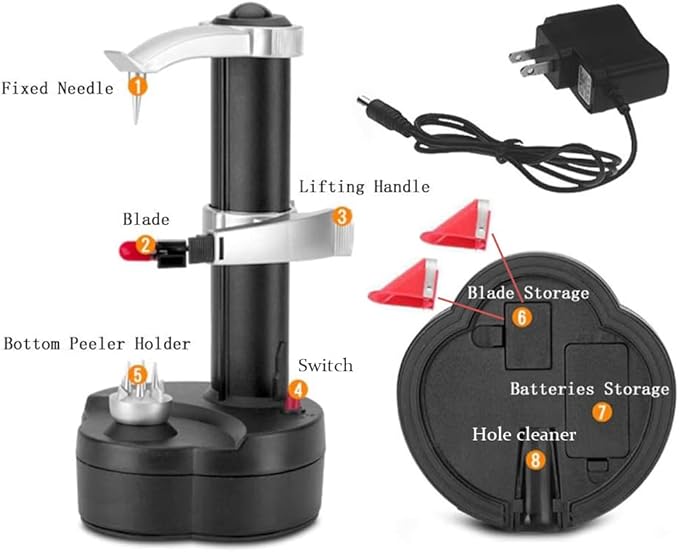 Electric Potato Peeler Automatic Potato Peeler Machine, Electric Peeler Fruits and Vegetables, Apple Peeling Machine for Kitchen [1 Adapter 2 Extra Blades] with Potato Masher (Black-M)