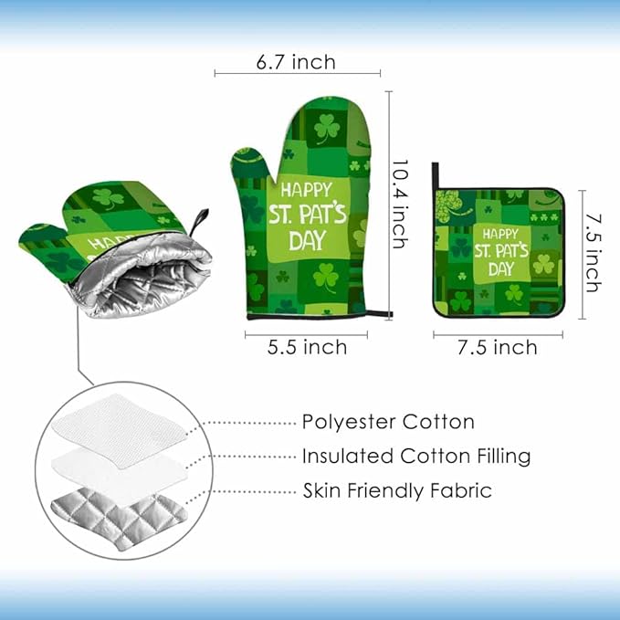 St. Patrick's Day Oven Mitts and Pot Holders Sets Shamrock Lucky Heat Resistant 3pcs for Cooking Baking BBQ