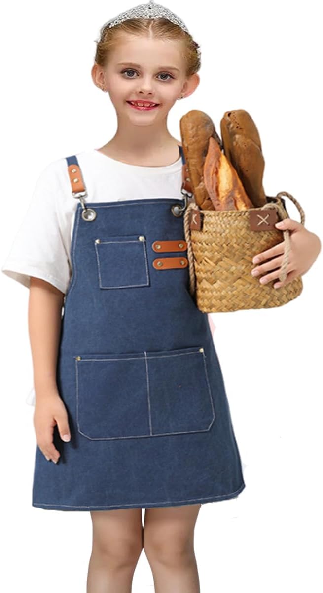 Kids Aprons AdjustableTool Waterproof For Cooking Painting Gardener Canvas Apron For 6-12 Girls And Boys