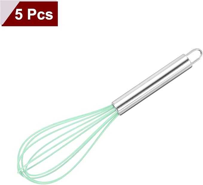HARFINGTON 5Pcs Silicone Whisk 10" Kitchen Whisk Wire Whisks Beater with Stainless Steel Handle for Egg Milk Whisking Blending Beating & Stirring, Green
