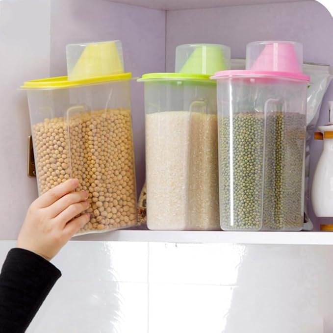SHOWERORO Airtight Food Storage Container with Pour Spout and Measuring Cup Clear Plastic Cereal Keeper for Rice Grains Oatmeal Sugar Nuts Beans 8.26X6.29X3.14 Inches