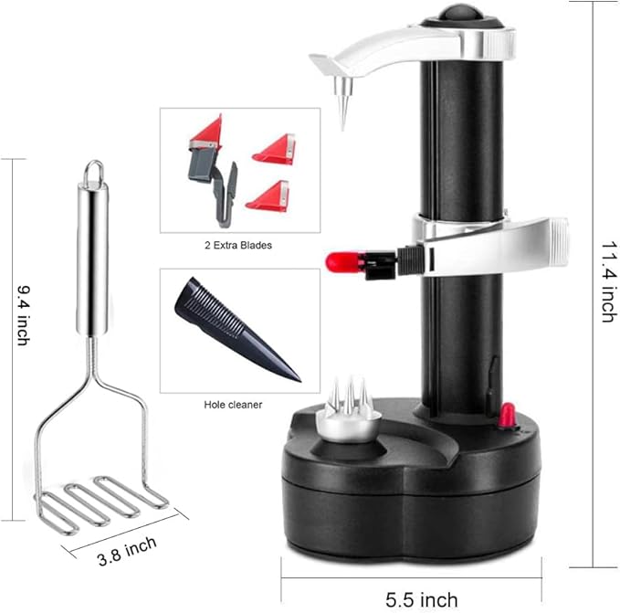 Electric Potato Peeler Automatic Potato Peeler Machine, Electric Peeler Fruits and Vegetables, Apple Peeling Machine for Kitchen [1 Adapter 2 Extra Blades] with Potato Masher (Black-M)
