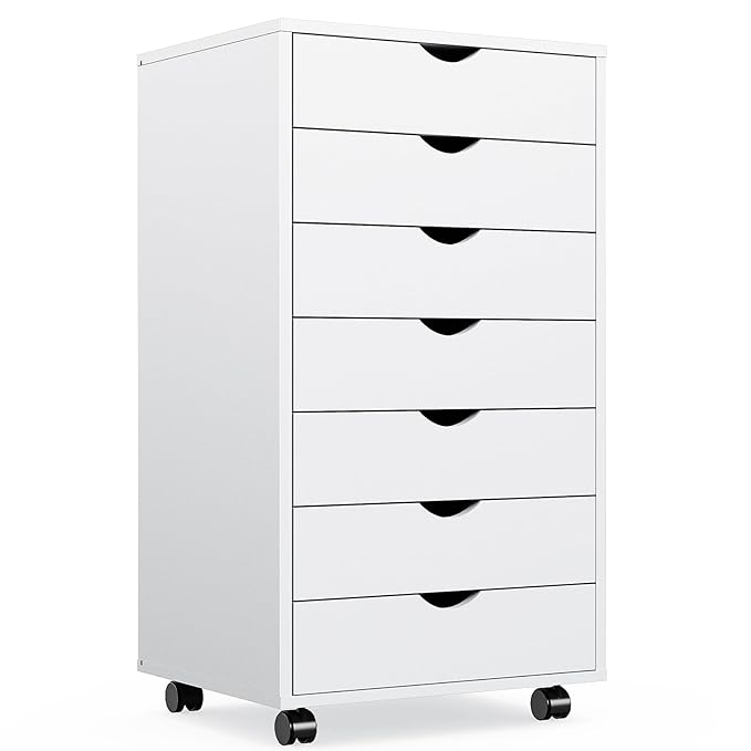Sweetcrispy 7 Drawer Chest Mobile Storage Cabinets Wooden Dresser with Wheels Room Organization Furniture for Office, Pure White