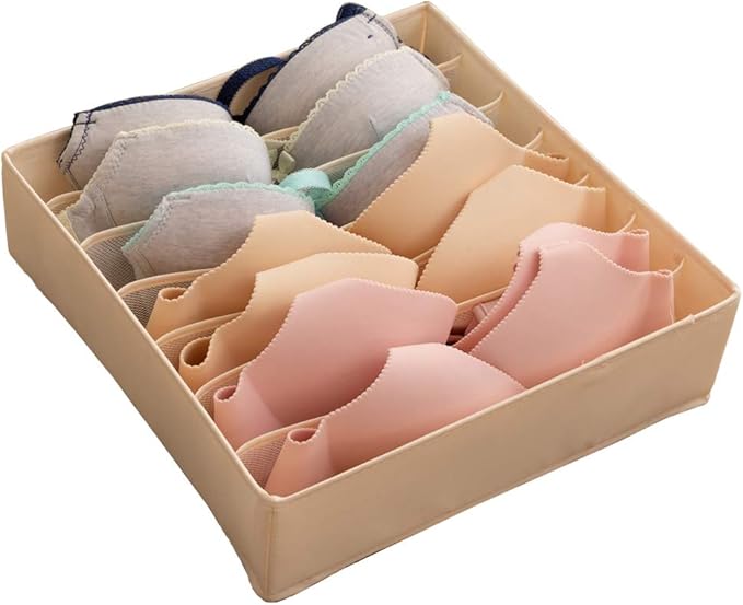 ALYER Collapsible Bra(A-C Cup) Drawer Organizer,Durable Cloth Storage Box Bins Dividers for Panties,Underwear,Socks,Lingerie(Beige-7 Cells)