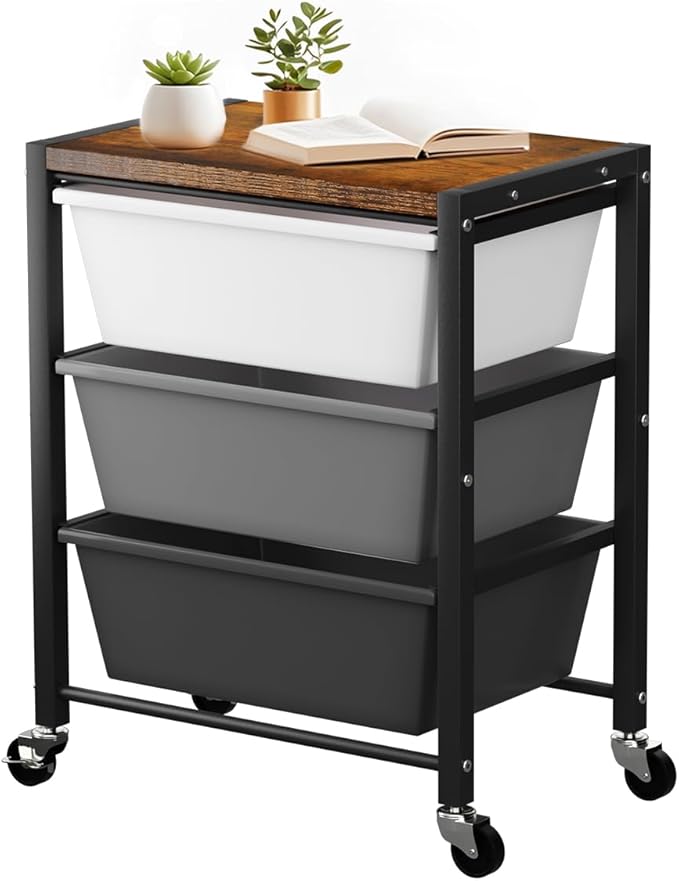Rolling Cart with 3 Drawers, Plastic Drawer Storage Carts with Lockable Wheels & Wooden Tabletop, Metal Utility Cart Organizer, Office Bedroom Classroom Craft Organization and Storage, Dark Grey