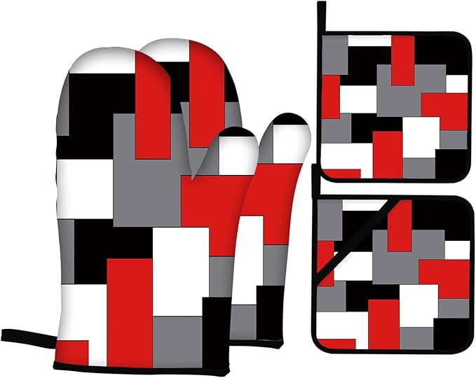 Red Black Grey White Oven Mitts and Pot Holders Sets of 4 Geometric Oven Gloves for Kitchen Baking Cooking Grilling (Red)
