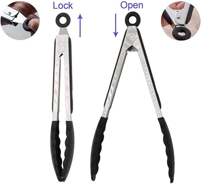 3 Pack Black Kitchen Tongs, Premium Silicone BPA Free Non-Stick Stainless Steel BBQ Cooking Grilling Locking Food Tongs, 9-Inch 10-Inch & 12-Inch
