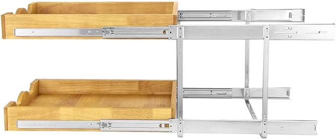 DINDON 2 Tier Pull Out Cabinet Organizer (17" W x 21" D) Wood And Metal Double Tier Slide Out Wood Drawer Under Cabinet Storage And Organization