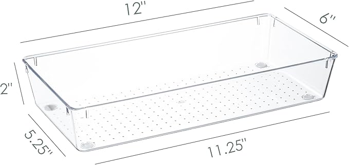 Kingrol 6 Pack 12 x 6 x 2 Inch Clear Drawer Organizer Trays, Desk Drawer Divider Storage Bins, Storage Box Set for Utensils Junks Vanities Makeups Jewelry Office Craft Supplies