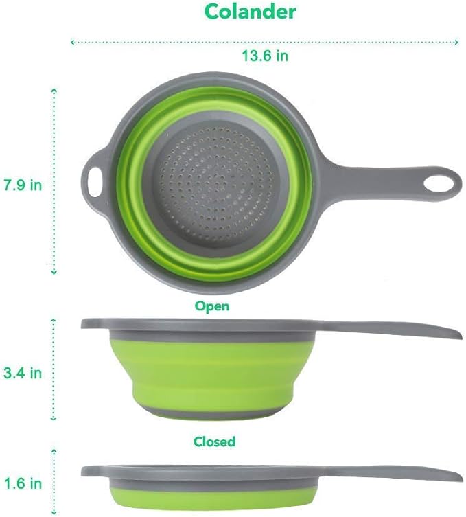 2 Pack Kitchen Foldable Silicone Strainer Colanders, Collapsible Colanders with Handles, Space-Saver Folding Strainer Colander for Draining Pasta, Vegetable (Green and Red)
