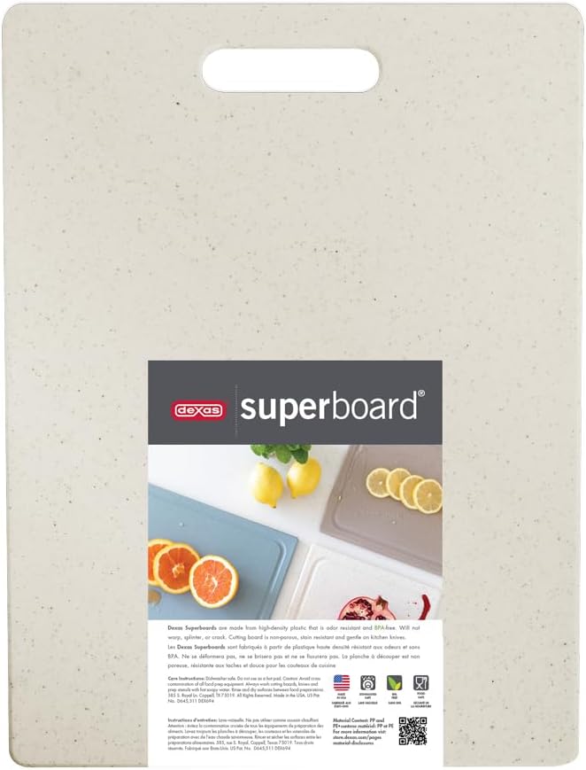 Dexas Superboard Cutting Board with Handle 8.5 x 11 inch Oatmeal Granite, Compact Kitchen Prep Board, Dishwasher Safe, Non-Porous Poly Surface, Made in USA