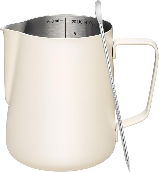 Amrules Milk Frothing Pitcher, 20oz Milk Frother Cup with Clear Scale, 304 Stainless Steel Cappuccino Espresso Machine Accessories for Barista Coffee Bar with Latte Art Pen, White