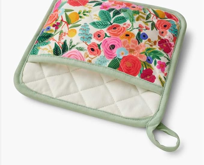 RIFLE PAPER CO. Pot Holder, Heat Resistant, Digitally Printed Quilted Garden Party Pattern with Contrast Piping, Corner Loop for Hanging, Hand Slot, 8" W x 8" L