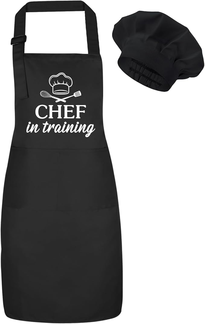 Kids Apron and Chef Hat Set, Funny Apron with 2 Pockets, Adjustable Kids Aprons for Cooking for Boys and Girls
