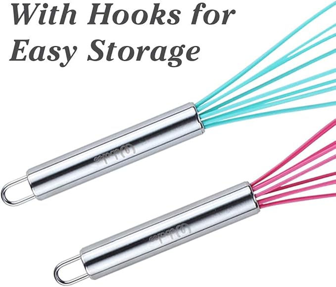 Webake 8 Inch and 10 Inch Silicone Whisk Set of 4, Egg Beater Whisk Balloon Egg Sauce Whisk with 6 Wires, French Whisk Stainless Steel Mini Silicone Whisk for Nonstick Cookware,Solid Color