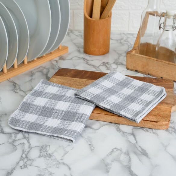Blue Needles Set of 8 Waffle Weave Check Plaid Dish Cloths, 12x12 Inches 100% Cotton Dish Towels for Kitchen, Ultra Soft & Absorbent Kitchen Towels for Quick Drying Spring Summer - Ash Grey & White