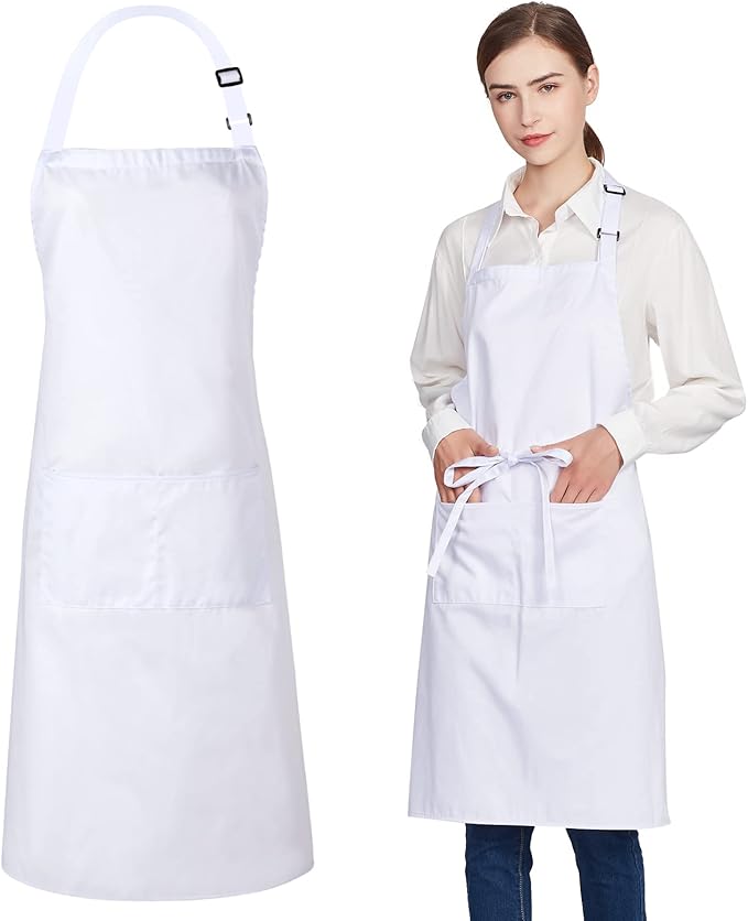 Jubatus 1 Pack 100% Cotton Aprons with 2 Pockets Cooking Chef Kitchen Adjustable Bib Apron for Women Men, White