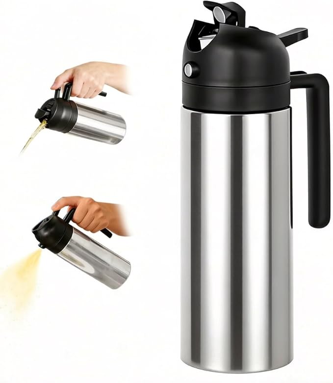 moniko 2-in-1 Oil Dispenser and Oil Sprayer, 16oz/470ml Stainless Steel Olive Oil Sprayer Bottle for Kitchen Cooking, Air Fryer, BBQ, Salad, Baking