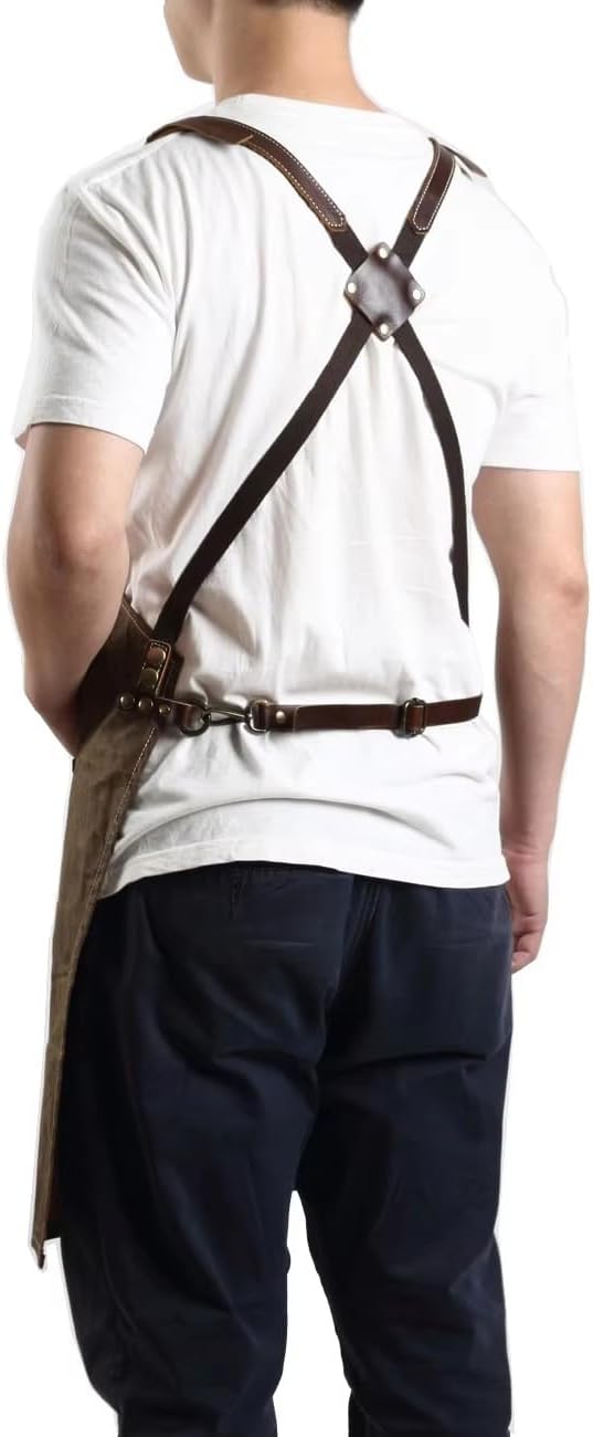 Midkit Utility Apron Adjustable Cross-Back Straps Multi-Use Portable 8oz Waxed Canvas Aprons With 5 Tool Pockets Fits M- 3XL