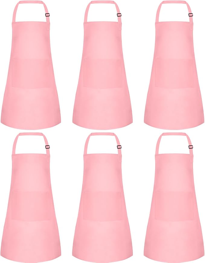 6 Pack Kids Apron Bulk with 2 Pockets Adjustable Chef Art Apron Kids Painting Aprons for Cooking Baking Painting Crafting Grilling Activity（Pink）