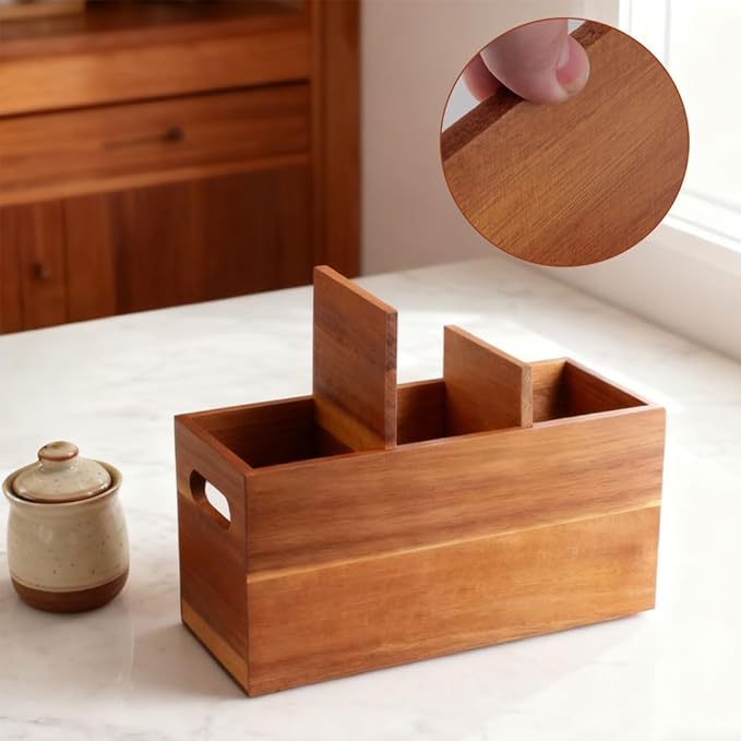 Wooden Utensil Holder for Kitchen Counter, 12'' Extra Large Acacia Kitchen Utensil Holder with 3 Removable Compartments, Wood Utensil Organizer Storage for Cooking Tools and Cutlery