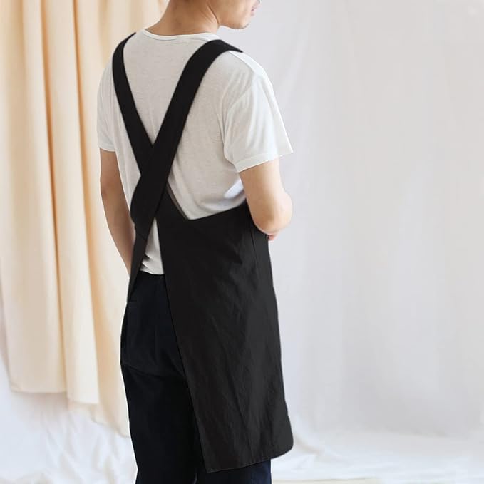 NEWGEM Japanese Cotton Linen Cross Back Cooking Apron for Women Men with Pockets Cute for Baking Kitchen