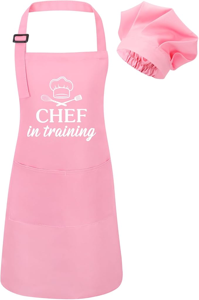 Kids Apron and Chef Hat Set, Funny Apron with 2 Pockets, Adjustable Kids Aprons for Cooking for Boys and Girls