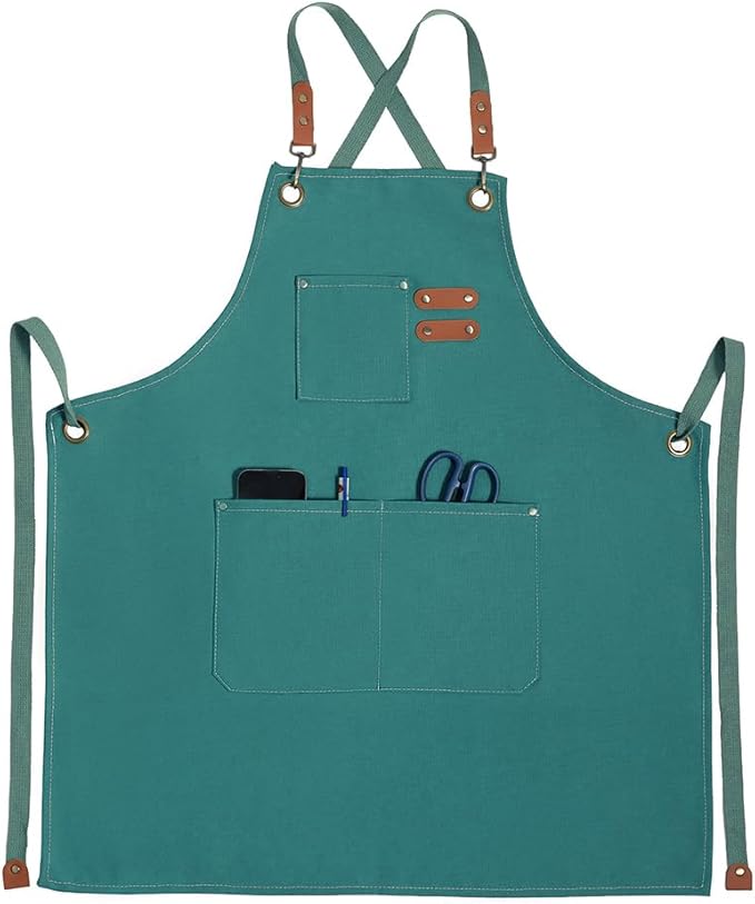 Chef Apron for Women Men with Pockets, Cotton Canvas Cross Back Adjustable Gardening Apron